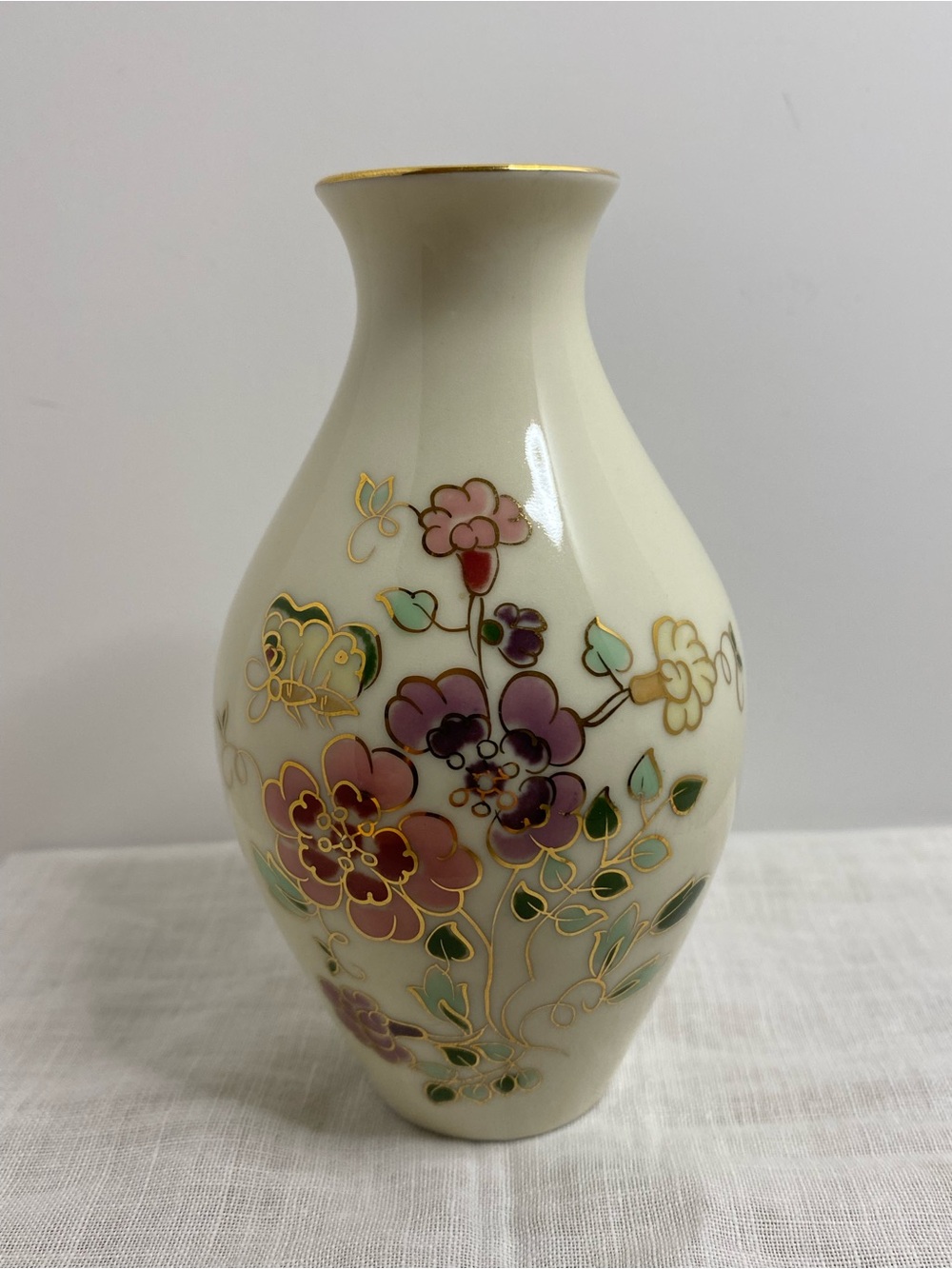 Vintage Bud Vase Zsolnay Hungary Floral Hand Painted Porcelain Gold Gilt